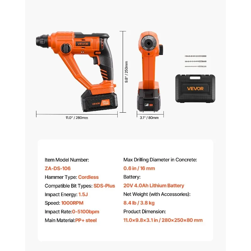 20V SDS-Plus Cordless Rotary Hammer Drill Kit 0.6-Inch 1000RPM 2 Functions