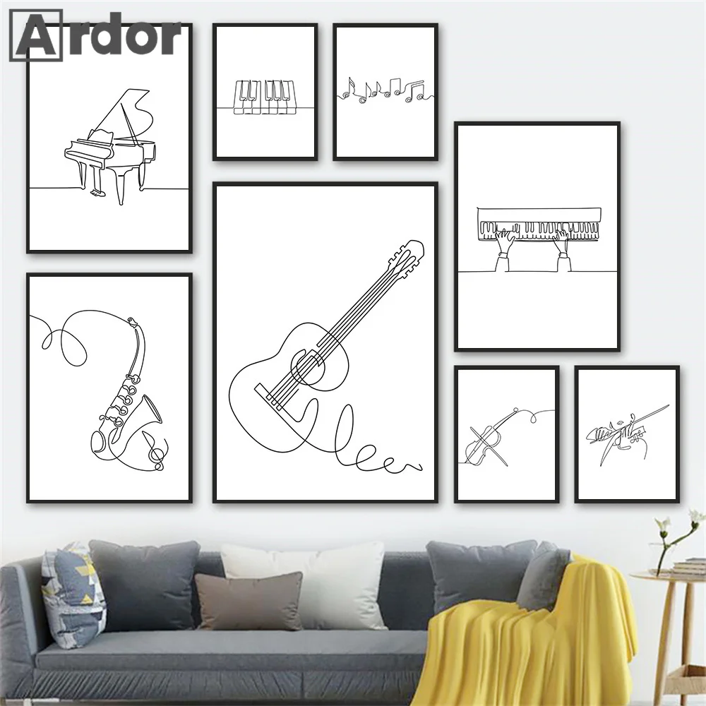 Piano Violin Guitar Drum Line Drawing Wall Art Canvas Painting Nordic Posters And Prints Black White Pictures Living Room Decor