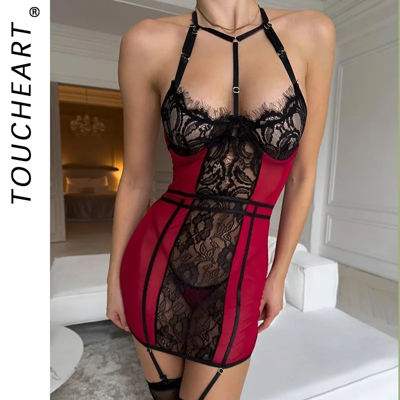 

Toucheart Erotic Hot Lingerie Lace See-through Patchwork Skinny Halter Sexy Seductive Women Mesh Versatile Hollow Underwear Set