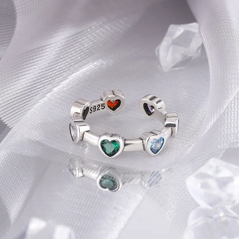 New Arrival 925 Sterling Silver Heart Rings For Women Green Red Stone Simple Trendy Retro Anillos Party Gifts Accessories