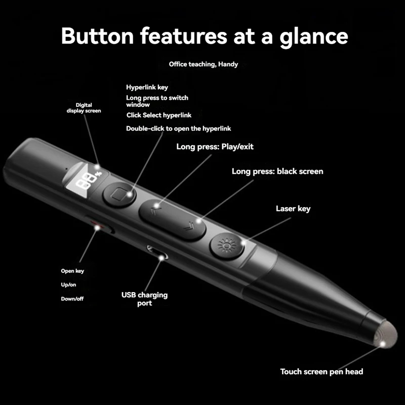 Oplaadbare draadloze presenter Batterijniveauweergave Stylus Scherm Touch PPT-aanwijzerpen voor lesgeven en vergaderingen