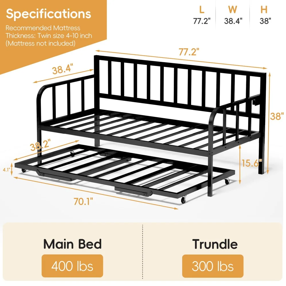 Daybed with Pop Up Trundle, Twin Day Bed with Trundle Bed Twin, Charging Station and LED Lights, Twin to King Metal Bed
