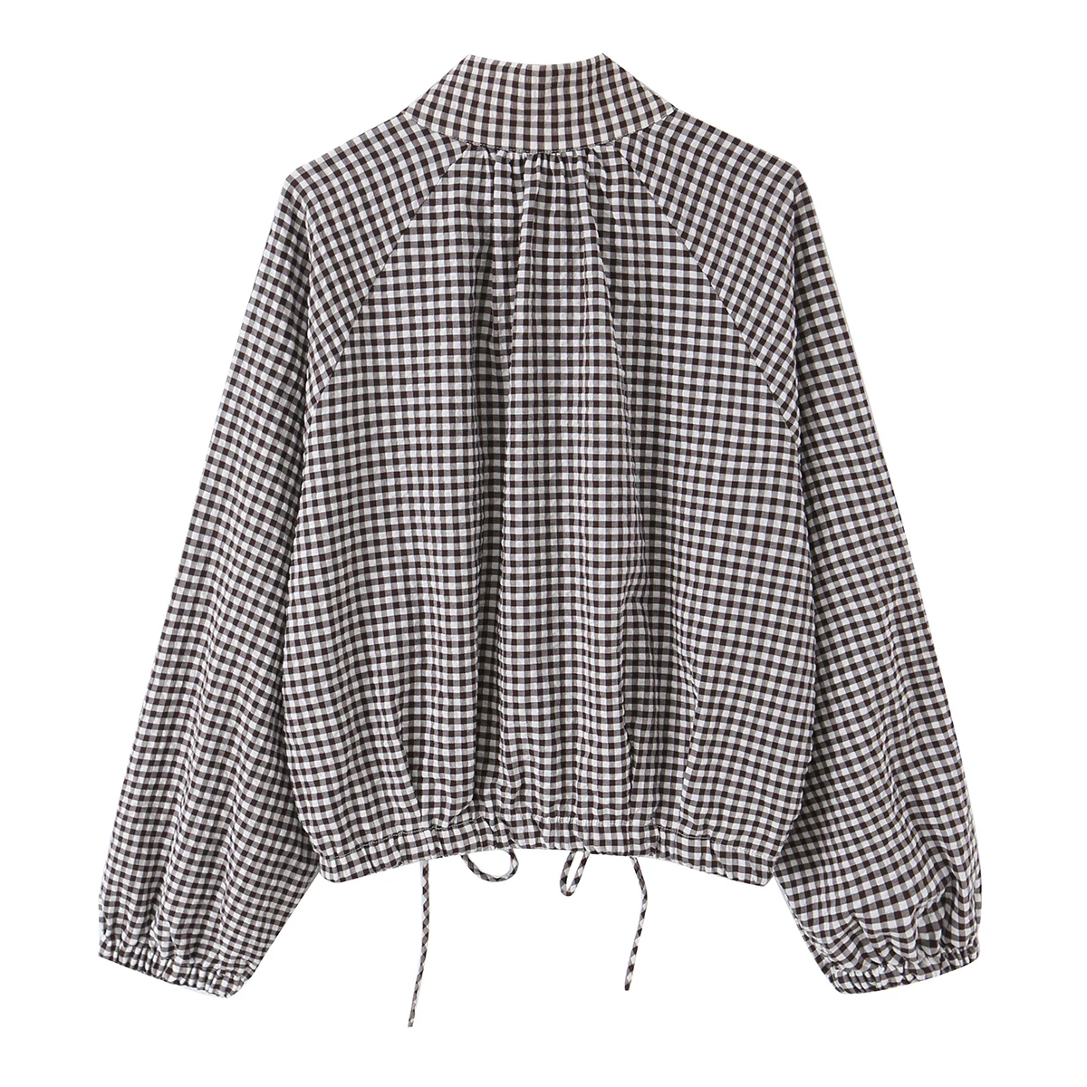 BSAY Neue Damenjacke im Gingham-Karo-Stil mit Stehkragen, langen Puffärmeln, Knopfleiste und Kordelzug am Saum, lässige, lockere Jacke im Karomuster. – Detail 4