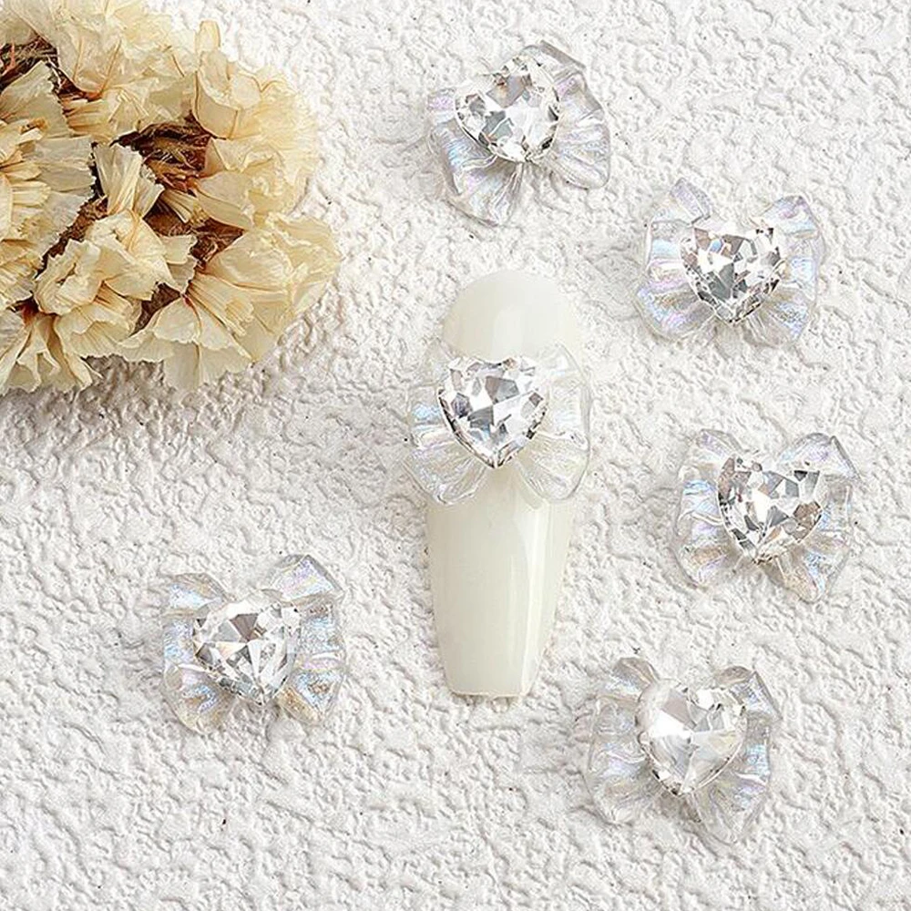 10pcs 3D Heart Diamond Bowknot Nail Charms Ice Transparent Bow Nail Art Decorations 13.5*12.5mm Love Gems Ribbon Nails Supplies