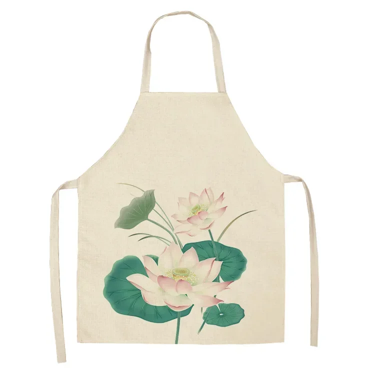 1 Pcs Lotus Flower Pattern Kitchen Aprons for Woman Cotton Linen Sleeveless Apron Dinner BBQ Party Cooking Baking Accessories