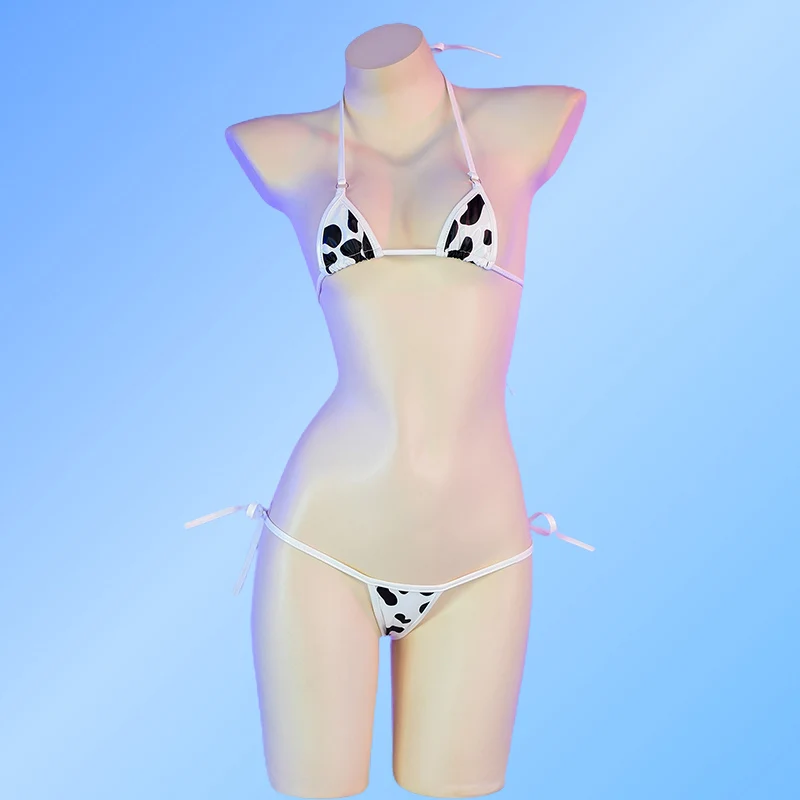 GENMHS-Ensembles de bikini en cuir PU imprimé vache à lait pour femmes, soutiens-gorge licou sexy, mini sous-vêtements animés, culotte cosplay