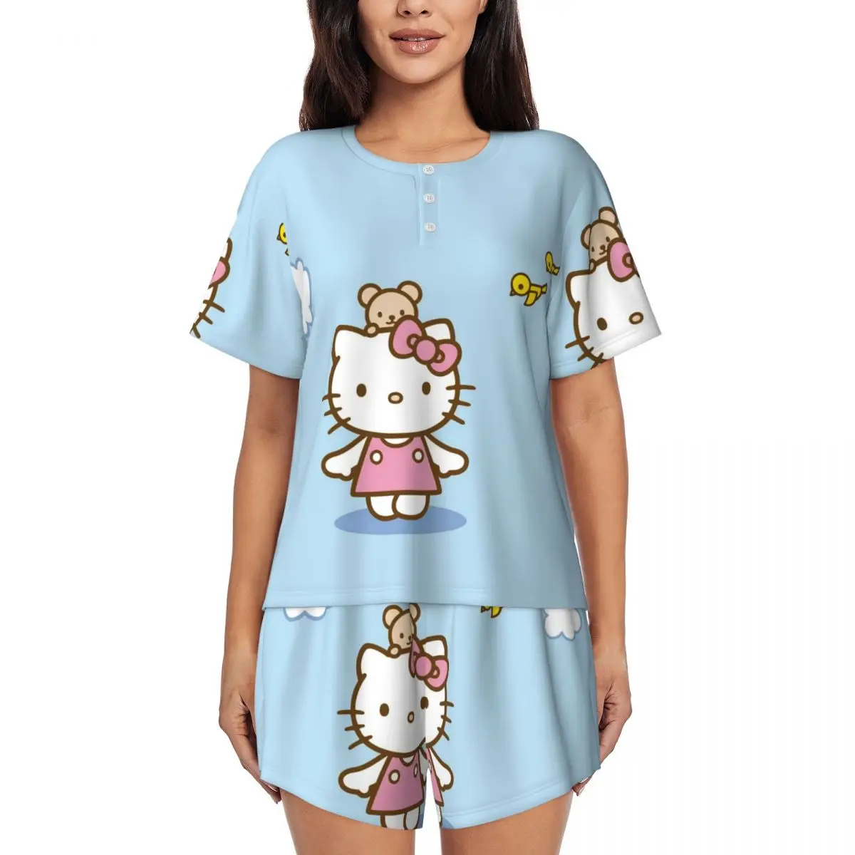 

Пижамный комплект с бантом из мультфильма Hello Kitty, женская одежда для сна с коротким рукавом, домашняя одежда, 2 предмета, Pjs