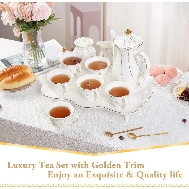 14 pcs Tea Set for 6 with Tea Tray & Spoons, Luxury British Style Tea/Coffee Cup Set with Golden Trim, Beautiful