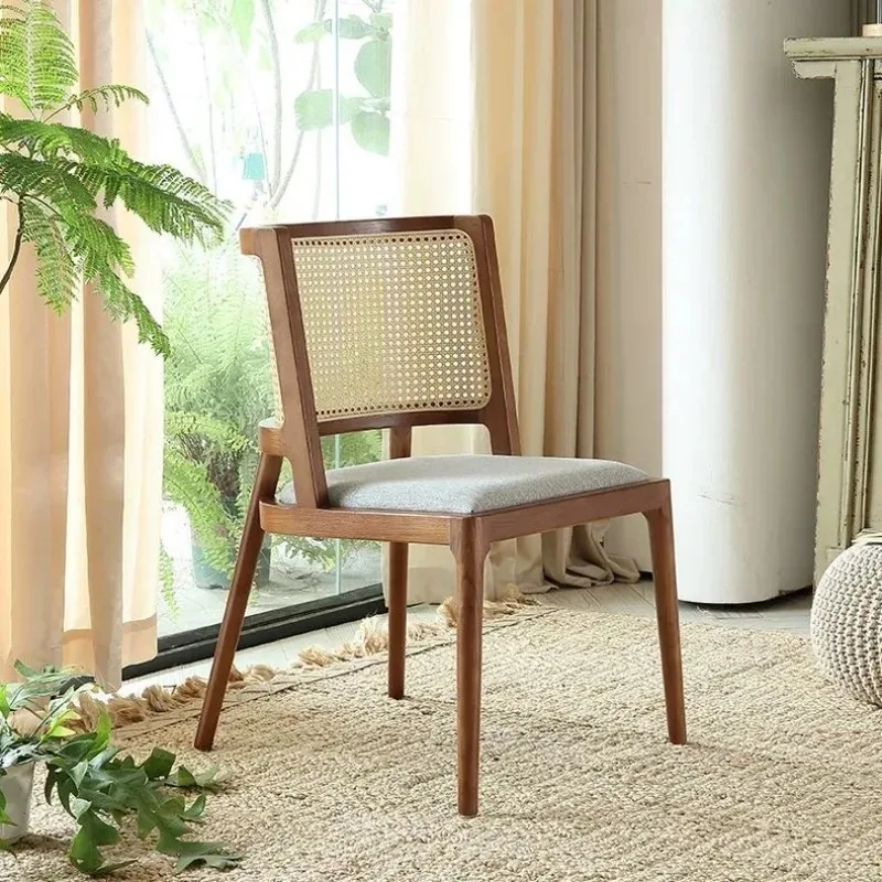 Solid Wood Dining Chairs Rattan Soft Bag Back Chair Creative Retro Art Chair for Dining Table Hotel Restaurant Leisure Chairs
