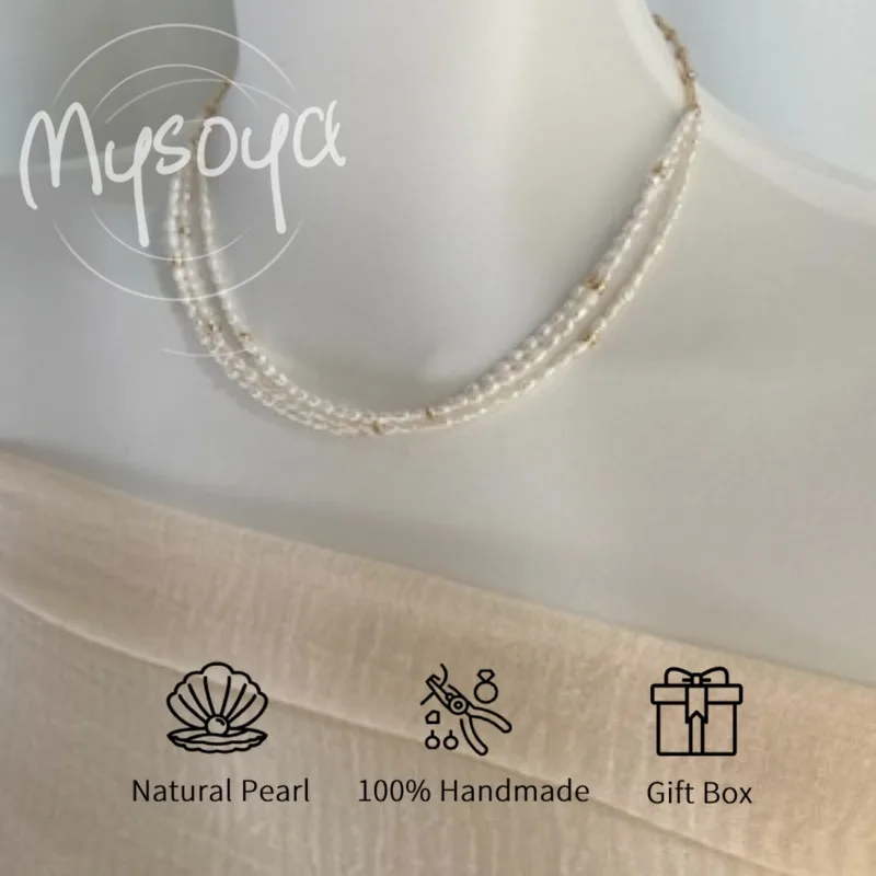 

MYSOYA трехпрядное белое ожерелье из пресноводного жемчуга в форме риса в стиле барокко 3-4 мм с подарочной коробкой для нее, для дня рождения, свадьбы