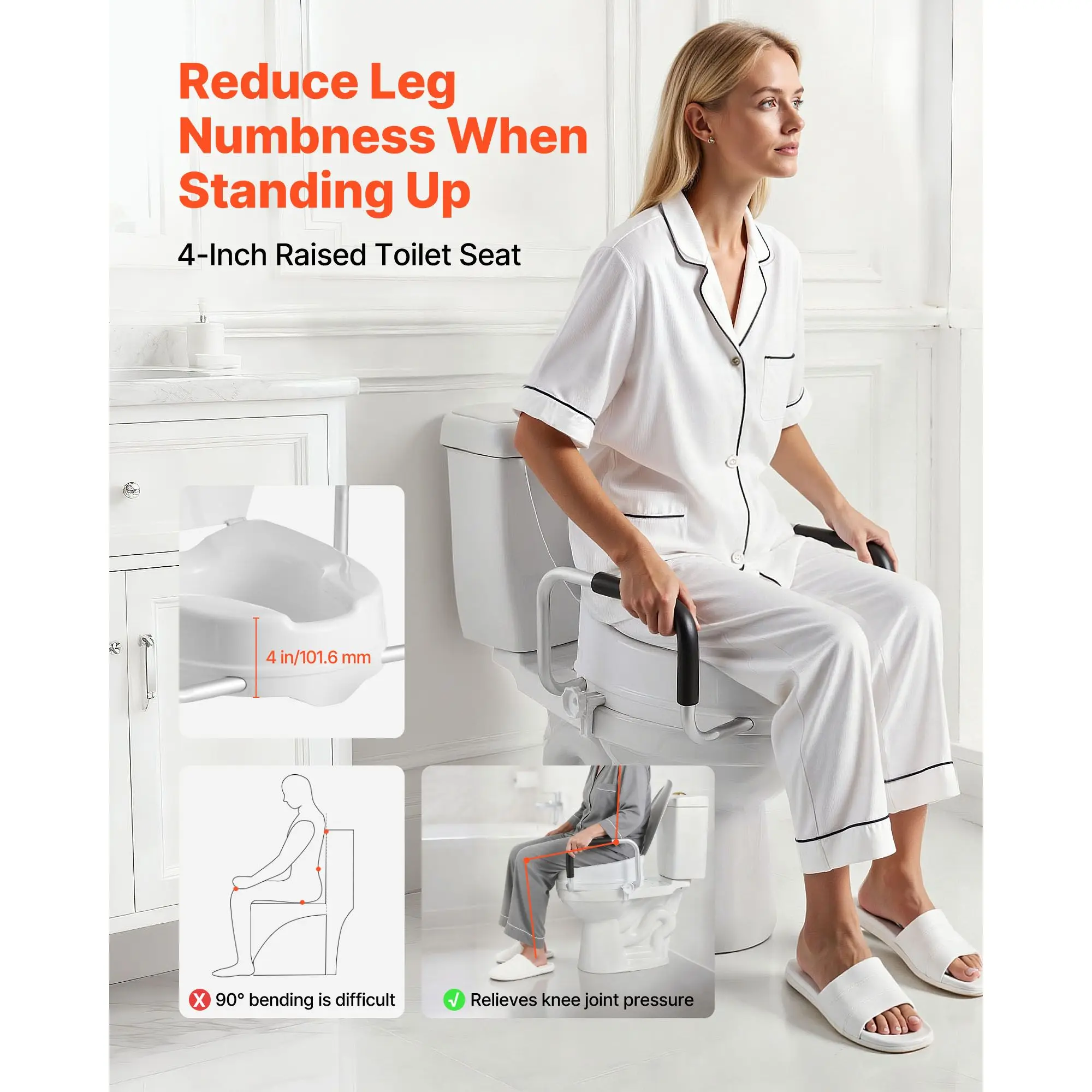 300 Lbs Load Capacity 4 Inch Lift Height Widened Commode Elevated Toilet Seat Riser Padded-Bathroom Safety Equipment Raised Arms