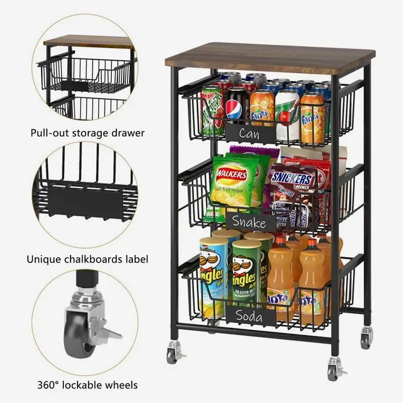 Modern 4 Tier Metal Wire Pull-out Storage Drawer Vegetable Basket Kitchen Fruit Storage Basket Rack