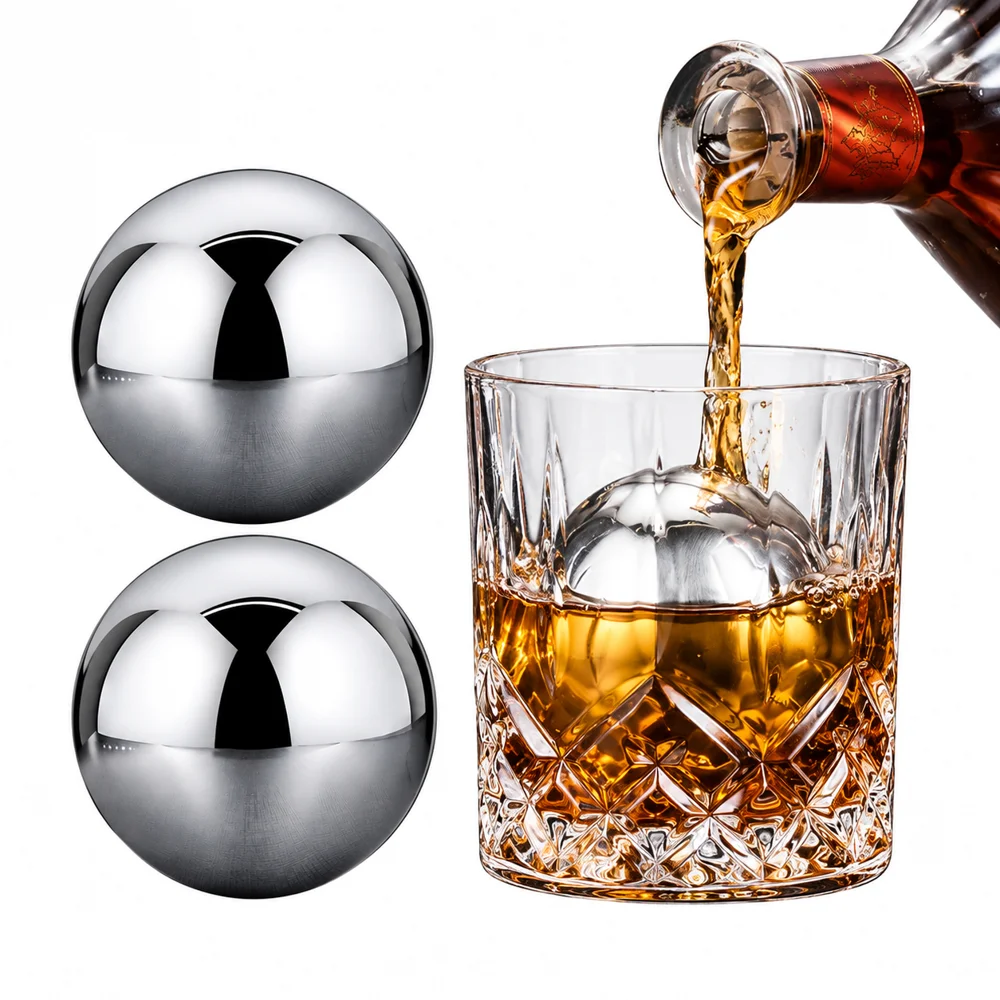 1/2 pcs Round Whiskey Stones Ball Shape Reusable Stainless Steel Ice Cubes Golf Ball Whiskey Stones Ball Metal Ice Ball Gift Set