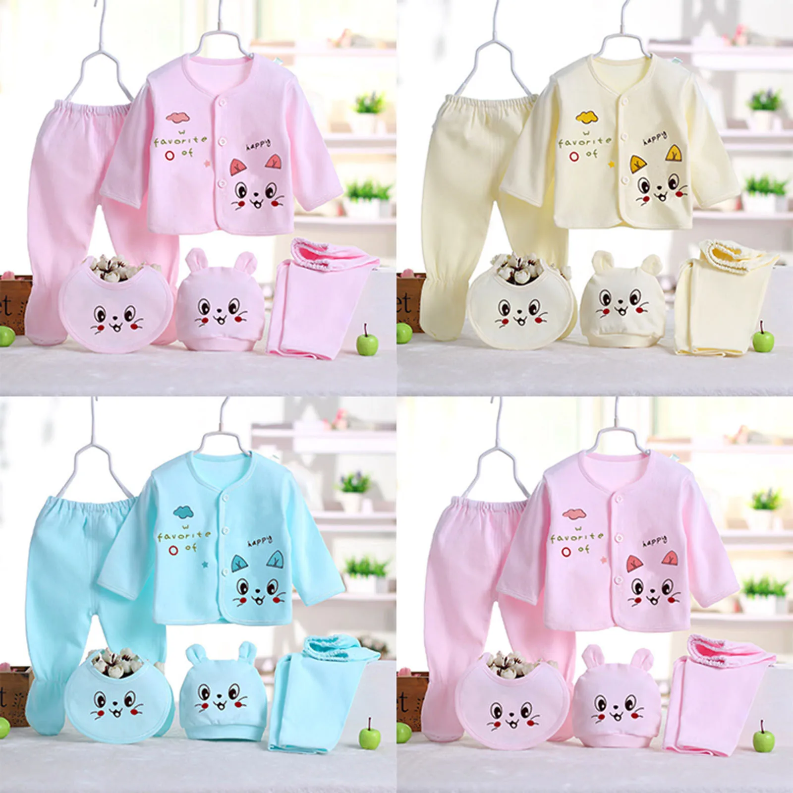 

Knitted Baby Blankets for Girls Boys Baby Outfits Sleeve Long 5PCS Girls Tops+Hat+Pants Cartoon Set +Bib Girl Elephant Clothes