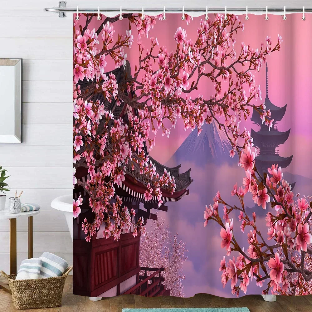 Japanese Scenery Theme Shower Curtains Tower Mount Fuji Cherry Blossom Printed Bathroom Decoration Bathtub Screen with Hooks