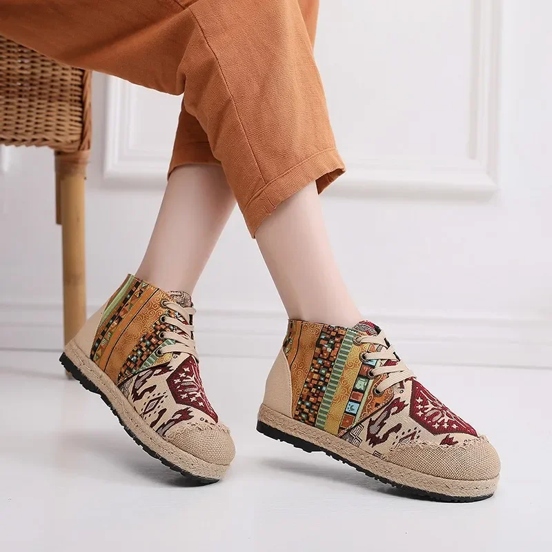 Women Casual Shoes Grass Woven  Flat Espadrilles Comfortable Bohemian Chinese Style  Lace-up Fashion Non-leather