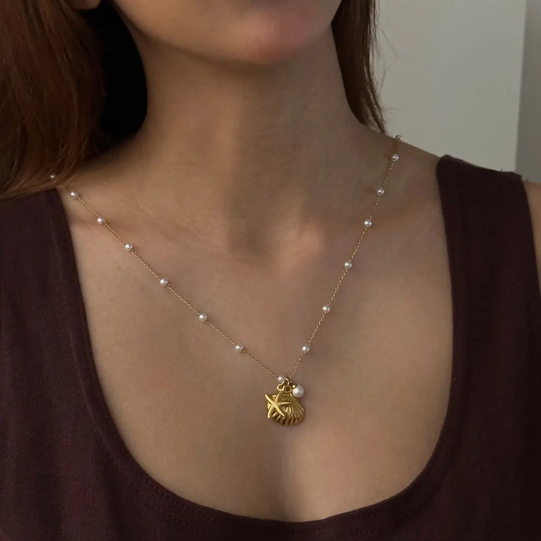 Boho Gold Farbe Shell Imitation Perle Anhänger Halskette Für Frauen Trendy Glück Schmuck Geometrische Runde Charme Schlüsselbein Kette – Detail 2