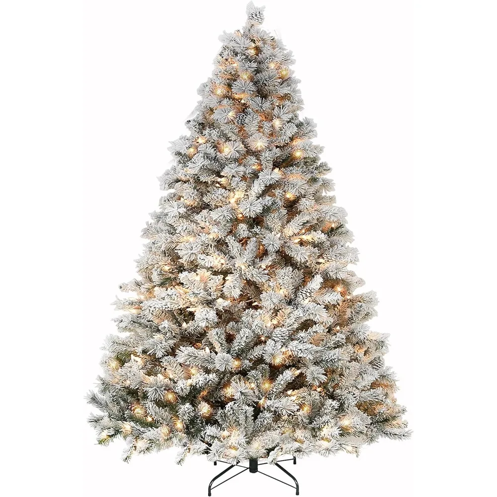 9 ft Snow Flocked Christmas Tree Artificial Christmas Tree with 2100 Tips 600 Warm White Lights, Metal Stand and Hinged Branches