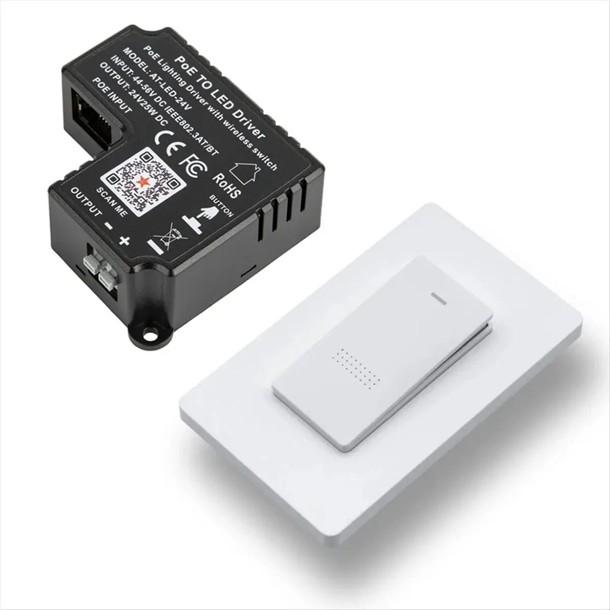 

Драйвер PoE (24В) для светодиодного освещения, совместимый с 802.3at, обеспечивает до 25 Вт для 24В светодиодных светильников, беспроводное управление переключателем