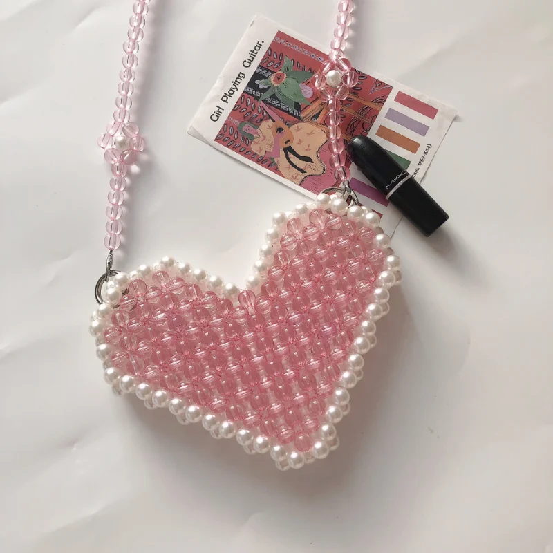 Mini Pink Pearl Love Beaded Bag Handwoven Women\'s Shoulder Crossbody Bags Fashion Peach Heart Lipstick Wallet Small Handbag