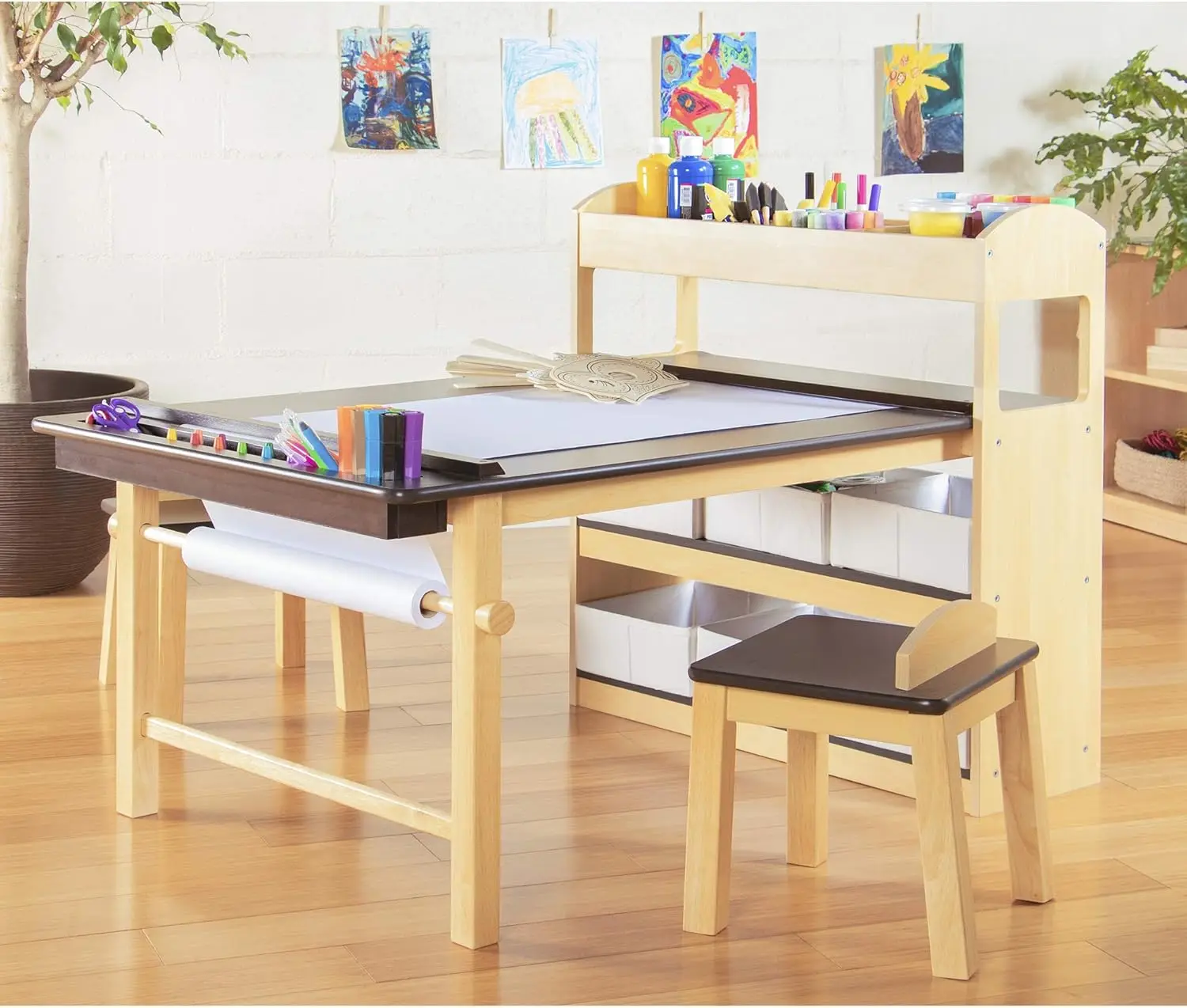 Guidecraft Deluxe Art Center: Drawing and Painting Table, W/ Two Stools, Craft Supplies Shelves, Canvas Bins, Paper Roll