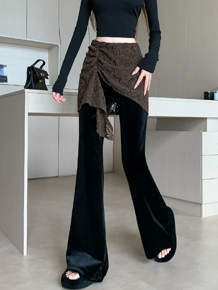 Velvet micro flared pants women winter design sense fake two piece lace splicing high waist floor dragging casual pants