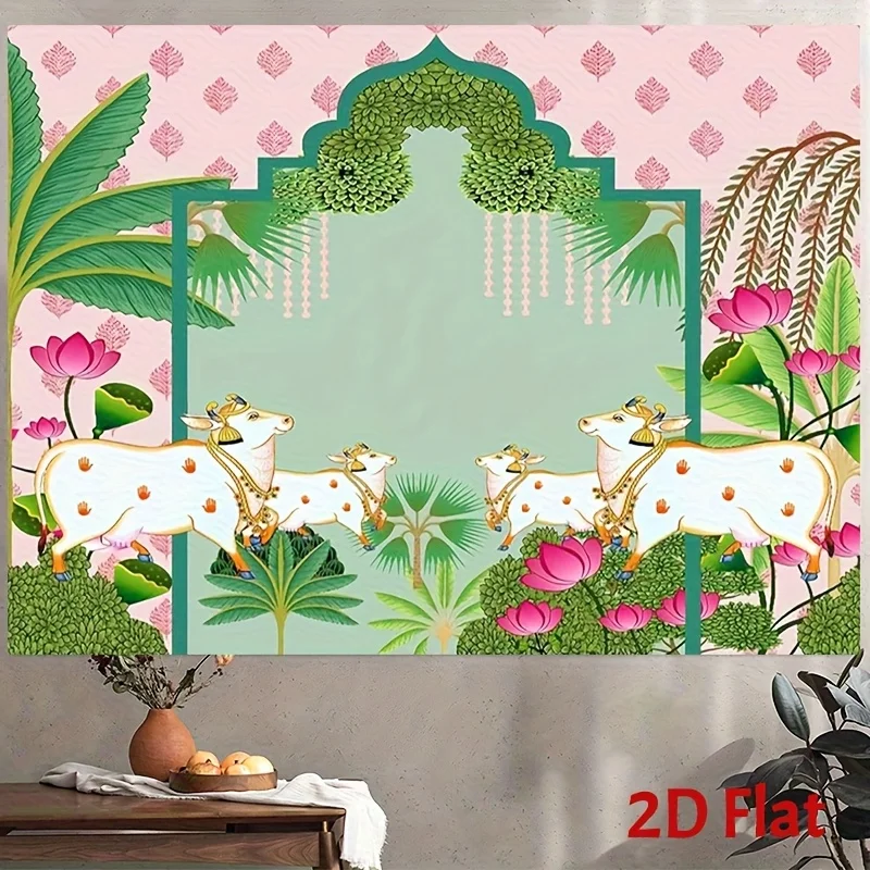 خطة ثنائية الأبعاد، قطعة واحدة، خلفية بقرة وردية ولوتس وردية - تصميم أنيق من الزهور الخضراء والوردية