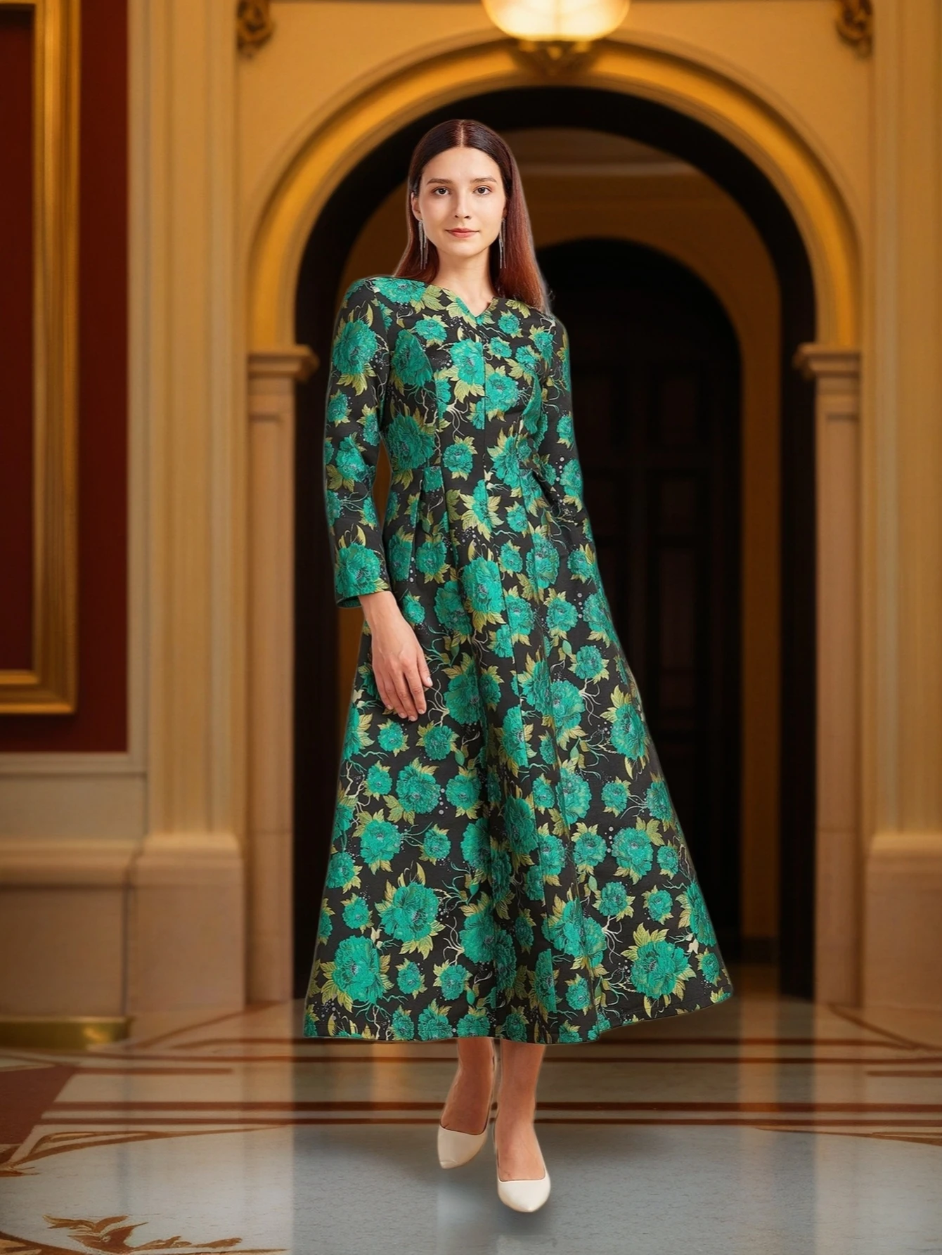 

Elegant Women's Exquisite Jacquard Embroidery V-Neck 3/4 Sleeve A-Line Dress for Wedding Guest Evening Banquet