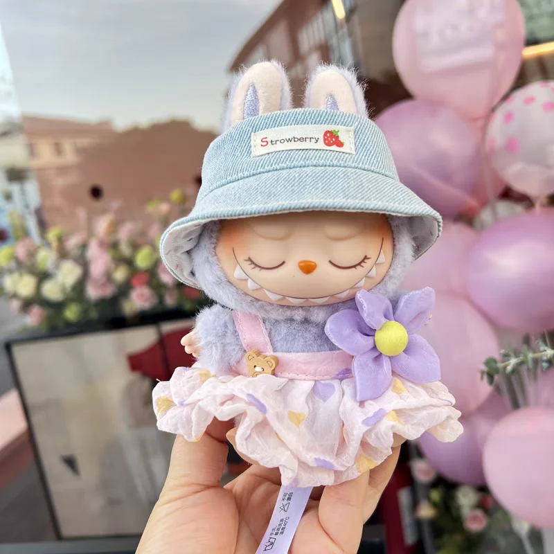 For 17cm Labubu Doll Outfit Wrinkled Skirt Flower Hairpin Set Fisherman Hat Labubu Clothes Ropa Labubu