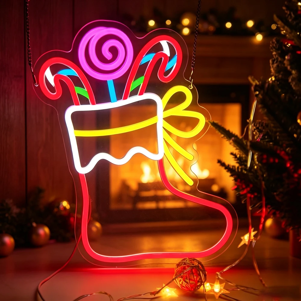 Colorful Christmas Sock Neon Sign With Candy Cane Lollipop Bow LED Wall Lamp Winter Holiday Indoor Wall Art Decor