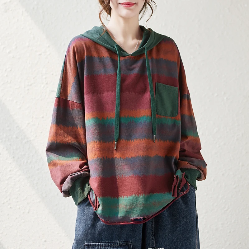 

plus Size Women's Hoodie Stripe Loose Hole Base Shirt Belly Cover Spring New Vintage Long Sleeve Artistic Style Regular Length