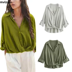 New Europe and the United States wind solid colour loose women's linen shirt long-sleeved button up chic blouse women's fashion