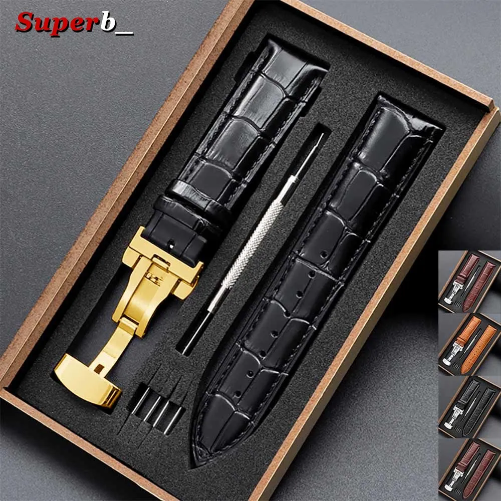 Butterfly Clasp Genuine Leather Strap Watch Band with Wooden Box Wristband 12/14/16/17/18/19/20/21/22/24mm Replacement Watchband