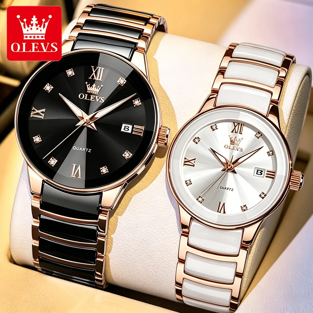 OLEVS Couple Watches Luxury Fashion Steel Ceramic Quartz Wristwatch Waterproof Luminous Man and Woman Watch Exquisite Gift Box