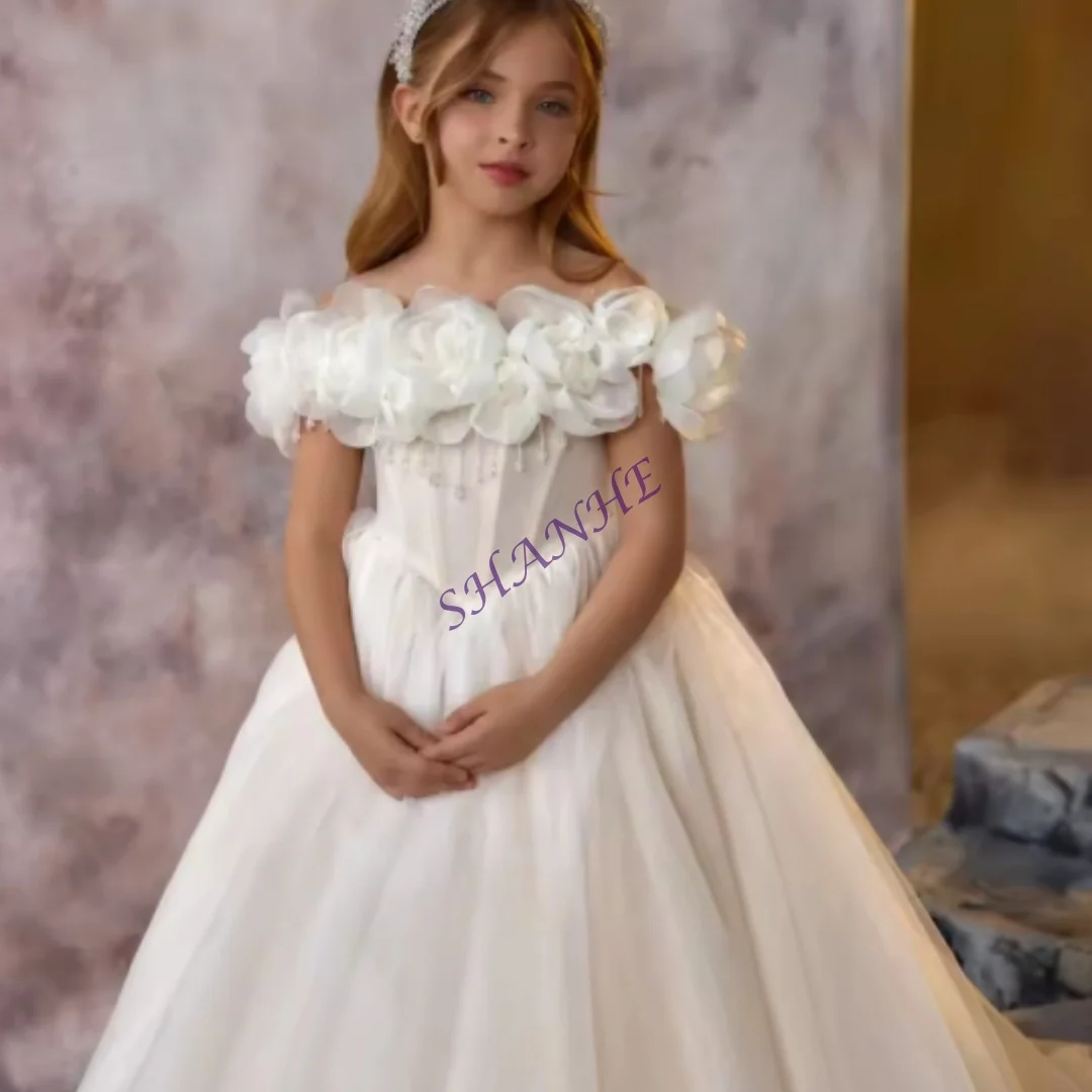 맞춤형 소녀 공주 드레스 오프 숄더 플로럴 장식 튤 볼 가운 트레인 포함 공식 파티 행사용