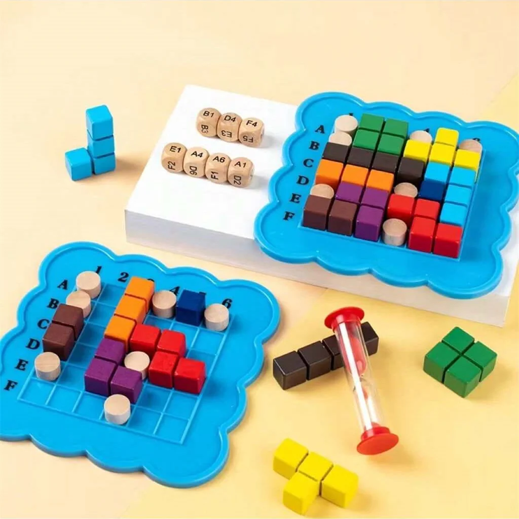 Logic cube, interactive board game, wooden block puzzles, colourful 3D blocks with dice and hourglasses!