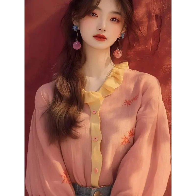 

Французский топ, уникальная шикарная модная рубашка с длинными рукавами и милым принтом