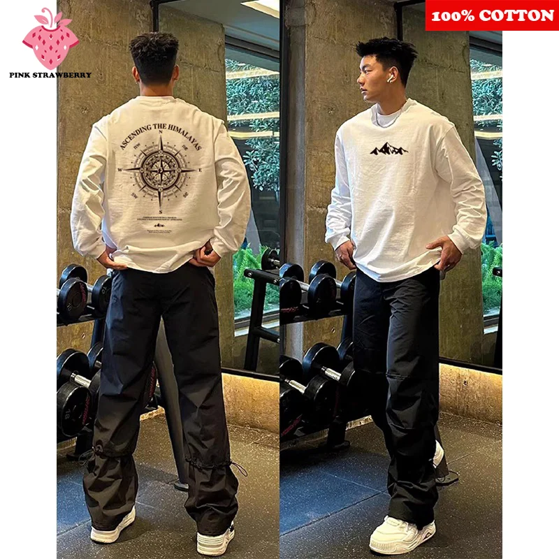 

American Retro Letter Print T-shirt Men 2025 New 100% Cotton Long sleeve Loose Street Gym Workout Shirt Top Youth men clothing