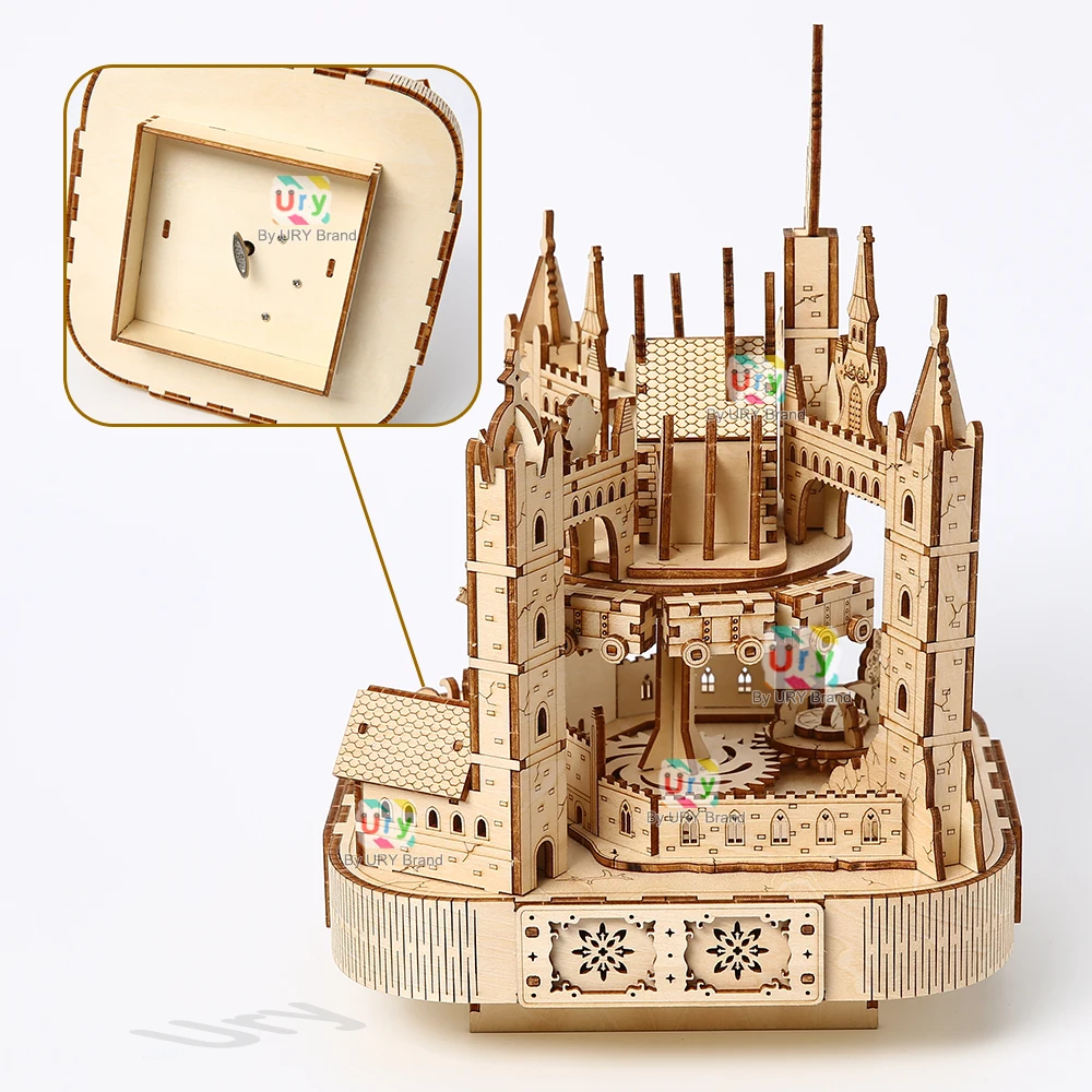 DIY 3D Wooden Musical Carousel Train Castle Model Kit 4