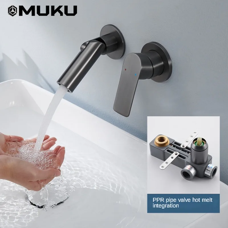 

Muku Copper Gun Gray Concealed Basin Faucet Wall-Mounted PPR Hot Melt Integrated Wash Basin Bathroom Cabinet Hot and Cold Faucet