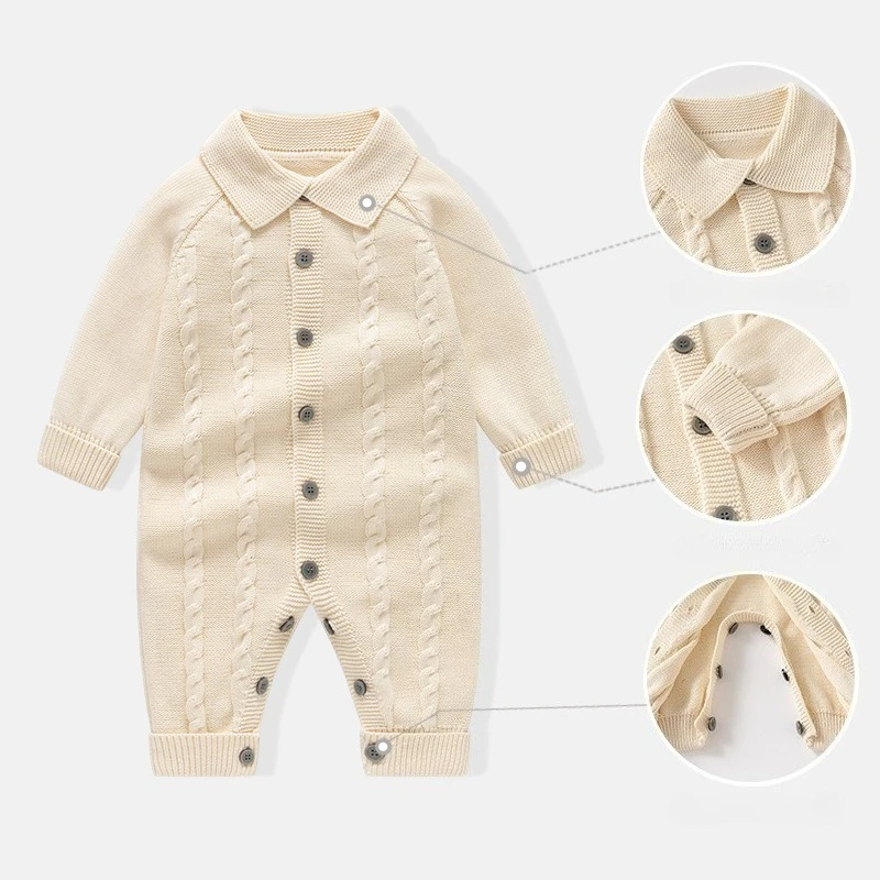 0-24M 100% Cotton Newborn Kid Baby Romper Boy Girl Winter Clothes Knit Thick Baby Sweater Warm Jumpsuit Casual Plain Outfit