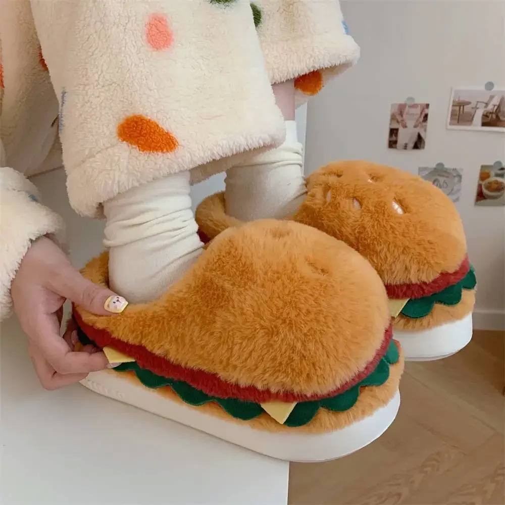 Women Home Warm Cotton Slippers Winter New Couple Cute Hamburger Faux Fur Thicken Plush Fluffy Shoes Female Indoor Warm Slides