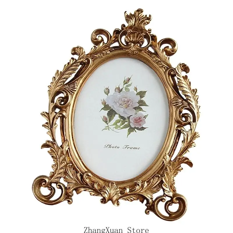 Old Fashioned Oval Picture Frame Resin Golden Flowers Photo Display Home Decors 3XUF – Detail 3