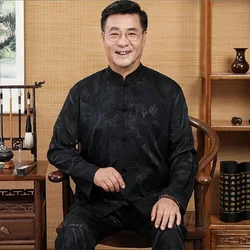 Hot Sale New Chinese Traditiona Men Silk Satin Kung Fu Suit Tang Suit Sets Long Sleeve Jacket Pants Dragon Wu Shu Tai Chi Sets