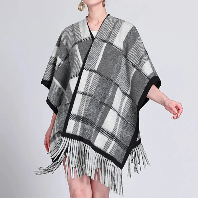 

Luxury Brand Style New High-End Texture Plaid With Temperament Tassel Shawl Cape Retro Warm Scarf