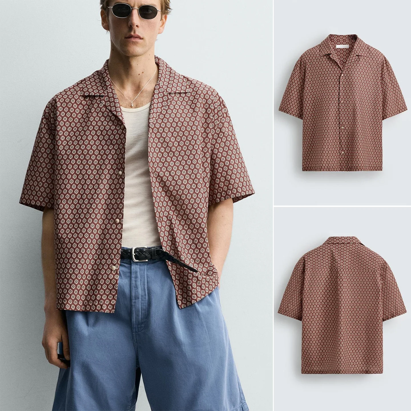 

Summer New Men's Casual Style Geometric Print Loose Bowling Shirt Short Sleeve Printed Polyester Fiber Skin-friendly Breathable