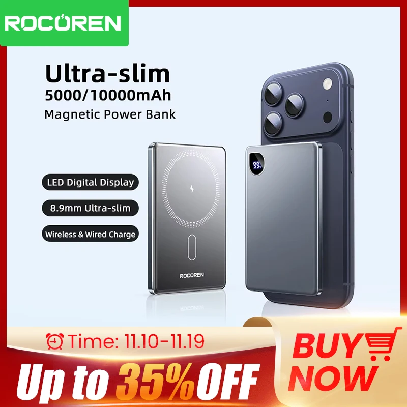 Rocoren 10000 мАч Магнитный PowerBank Быстрая зарядка 5000 мАч Power Bank Портативное беспроводное зарядное устройство Аккумулятор для iPhone 17 16 Pro Max