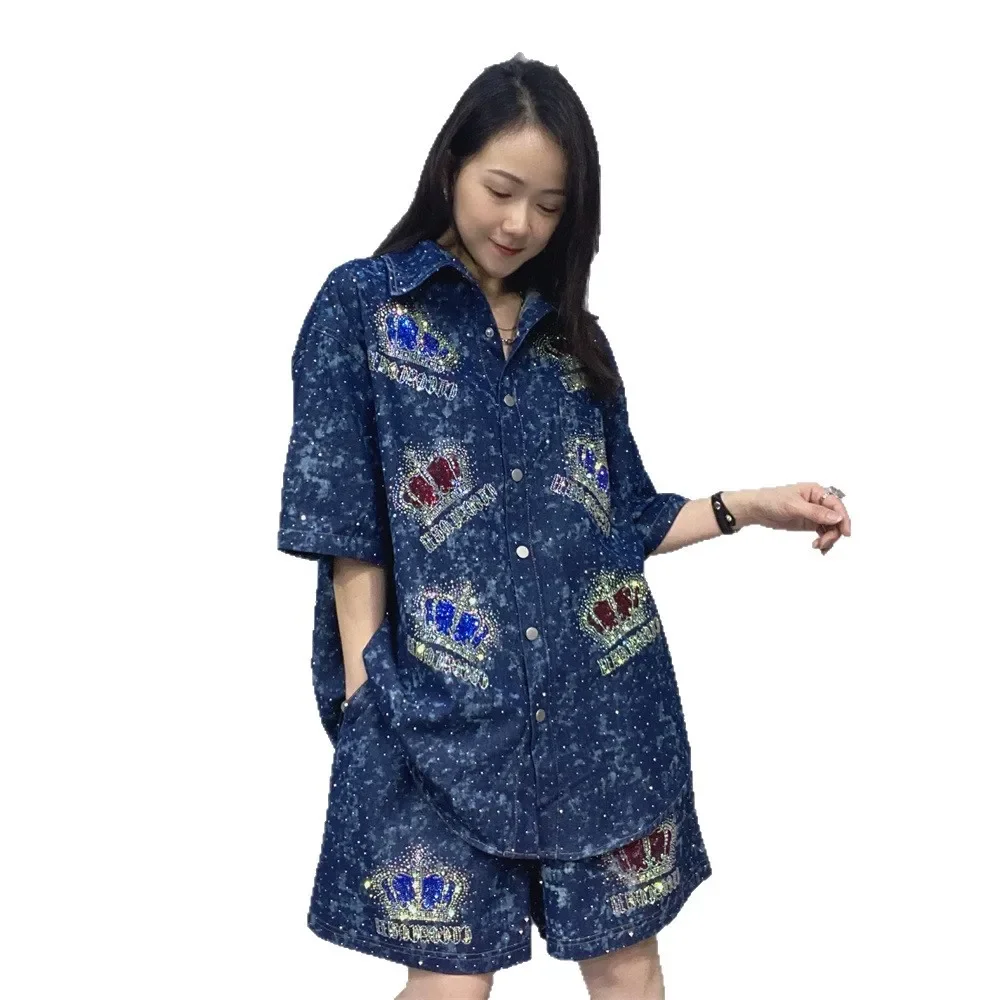 Moda 2 peça conjuntos de roupas femininas coroas brilhantes diamantes denim curto conjunto verão casual cardigan manga curta cowboy agasalho