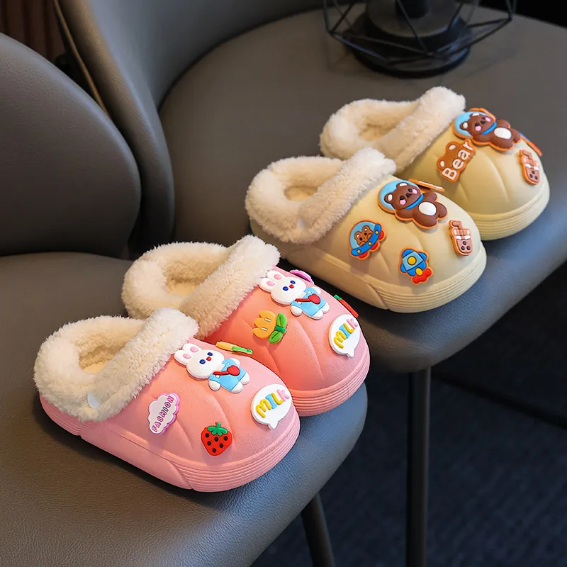 New Style Removable Children Home Shoes Cashmere Cotton Slippers Baby Boy Warm Shoes Girl Slippers Cartoon Cotton-padded Shoes