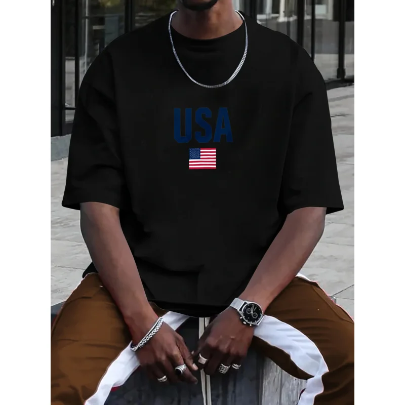 Camiseta de hombre Negro Bandera de EE. UU. Texto estampado Algodón de alta calidad 180g